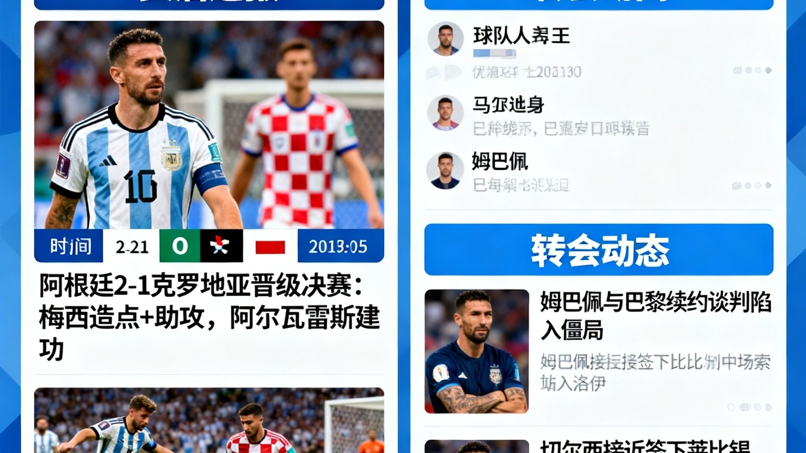 世界杯新闻资讯页面，展示战后图文战报和转会新闻列表